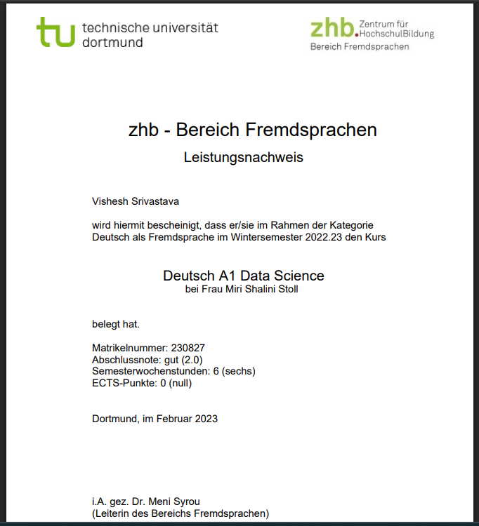 Deutsch A1 Certificate